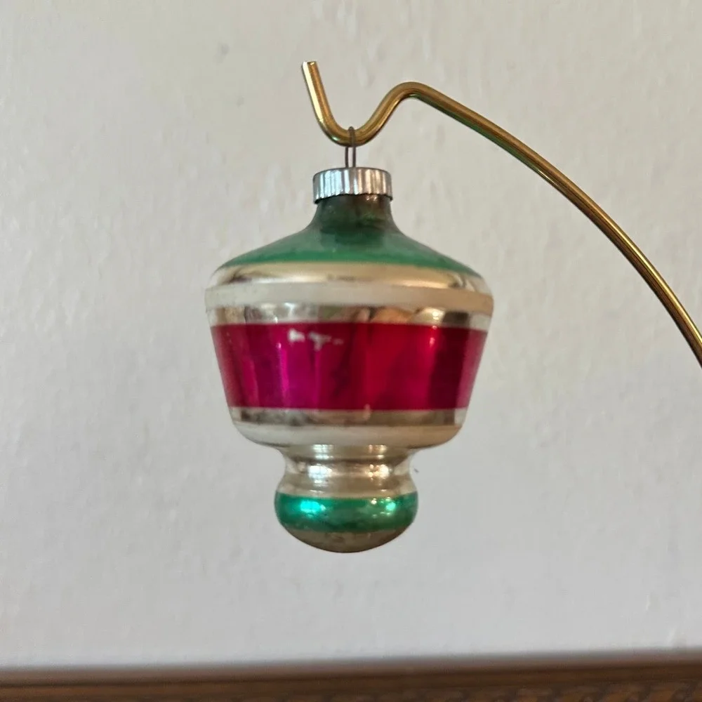 Vintage Shiny Brite UFO Tornado Lantern Glass Christmas Ornament Pink Green